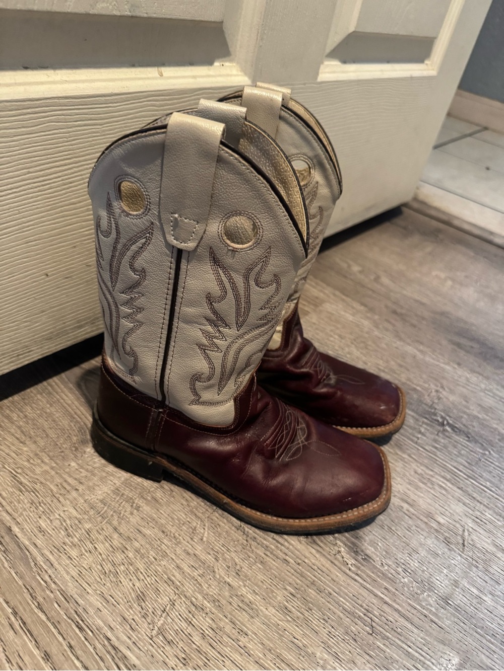 Two-Tone Leather Cowboy Boots - Burgundy & Cream